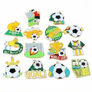Close-up view of assorted soccer themed alloy enamel pendants, ideal for DIY keychains.
