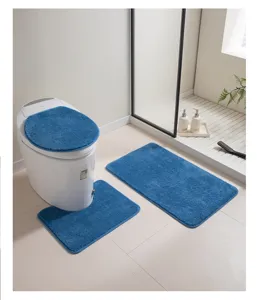 Blaues 3-teiliges Badematten Set, weiche flauschige Teppiche, rutschfeste Duscheinlagen.