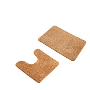 Bruine pluche badmat set, antislip en zacht harig tapijt voor badkamer en toilet.