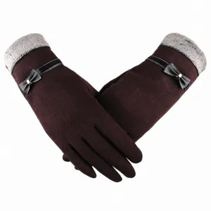 Women winter warm touch screen gloves with cute bowknot and plush cuff, brown knit mittens.