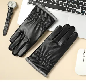 Herren Winter Thermo PU Lederhandschuhe Detailansicht mit warmer Plüschfutter Touchscreen.
