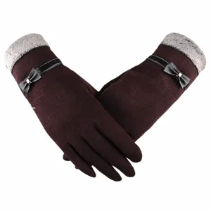 Women winter warm knit gloves with plush cuff and bow decoration brown casual outdoor wear