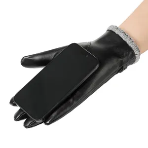 Guanti da uomo autunno inverno in pelle PU touchscreen caldi con polsino in felpa.