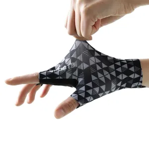 Half-finger cycling gloves with black grey geometric pattern, stretchy and breathable fabric.
