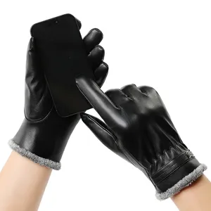 Guanti invernali da uomo in pelle PU touchscreen con polsino in peluche per ciclismo all'aperto