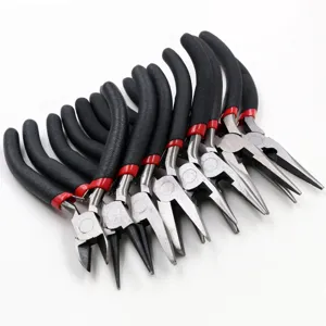 Set of miniature DIY jewelry craft pliers with comfortable black and red non-slip handles.