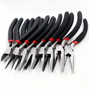 Detailed view of mini DIY jewelry pliers set, carbon steel cutting and bending tool for crafts.