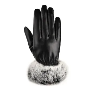 Women winter warm PU leather gloves with soft plush fur cuff stylish touchscreen gloves