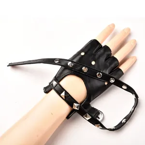 Punk style black PU leather half-finger rivet gloves for women, fashion street dance gear.