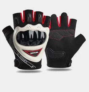 Detailed view of half-finger motorcycle riding gloves with hard knuckle protection and non-slip palm.