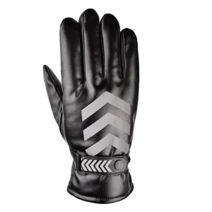 Detailed close-up of mens thermal PU leather cycling gloves featuring safety reflective chevron strips.