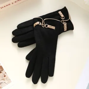 Black cashmere touch screen gloves for women with chic beige trim and metal buckle detail.