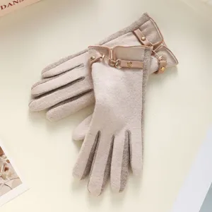 Women cashmere warm gloves winter touch screen split finger fashion knit gloves with buckle