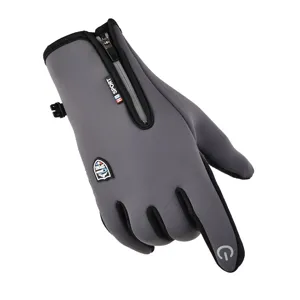 Grey waterproof thermal gloves detail featuring zipper pocket and touch screen design.