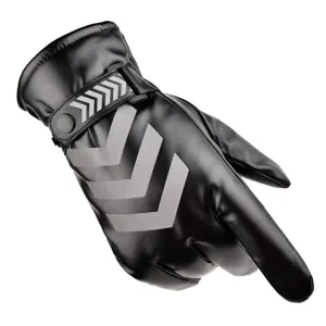 Close-up view of the black PU leather cycling glove with reflective stripes and wrist strap detail.