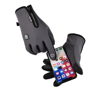 Reflective winter thermal cycling gloves with waterproof zipper and sensitive touchscreen fingers.