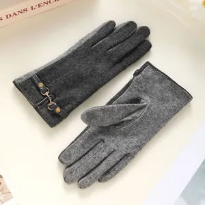 Cashmere warm gloves women winter touch screen dark grey wool fashion gloves with leather buckle.