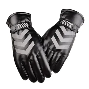 Close-up detail of black PU leather winter riding gloves featuring high-visibility reflective stripes.