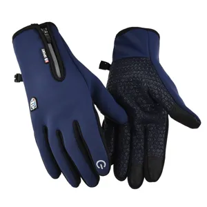 Windproof thermal cycling gloves with waterproof zipper and anti-slip touch screen design.