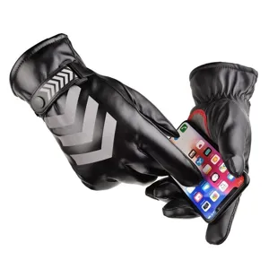 Detailed view of black PU leather cycling gloves with reflective stripes and touch screen function.