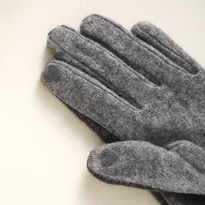 Close-up detail of grey women's cashmere touch screen gloves showing soft knit texture.
