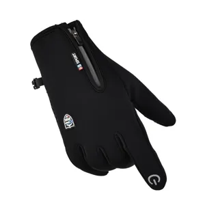 Black waterproof windproof thermal cycling gloves with zipper pocket and touch screen.