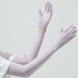 Manchettes de Protection Solaire Longues en Soie Glacée pour Femmes Protection UV Doigts Ouverts Refroidissement Conduite Plein Air