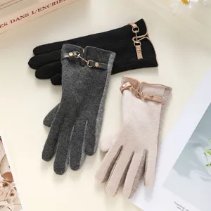 Women winter cashmere gloves touch screen warm thick knit gloves with metal buckle details