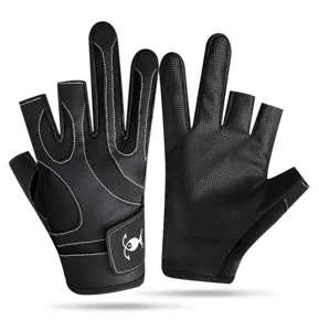 Professional black fishing gloves with three-finger cut, breathable mesh and adjustable wrist strap.