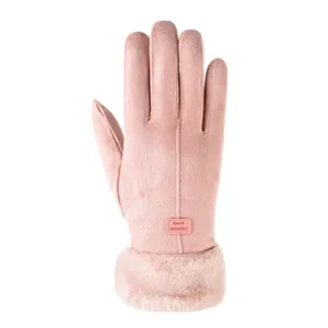Women winter warm touch screen suede gloves with plush fur cuff, detail display back view.