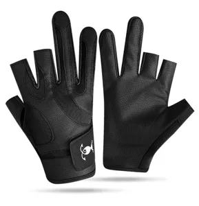 Close-up of black fishing gloves with three-fingerless design and wide wrist support.