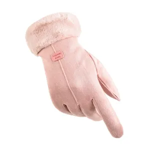 Detailed close-up view of women pink winter warm suede touch screen gloves with plush cuff.