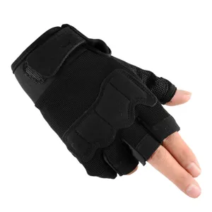 Black tactical half-finger gloves detail showing breathable mesh and protective knuckle pad.
