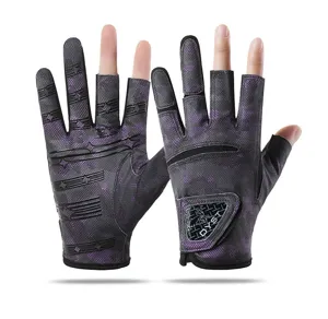 Breathable three-fingerless outdoor fishing gloves with anti-slip palm details and adjustable wrist.