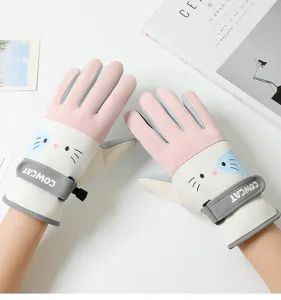 Cute cartoon cat winter warm cycling gloves for women, windproof thermal touchscreen gloves.