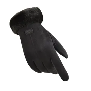 Detail view of women winter black suede gloves with plush faux fur trim and warm lining.