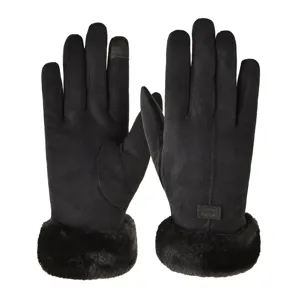 Women winter black suede touch screen gloves with plush warm faux fur cuffs daily wear.