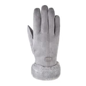 Women winter touch screen suede gloves with plush cuff gray outdoor warm thermal gloves.