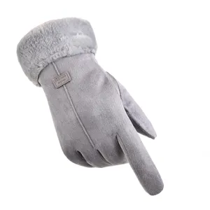 Detailed view of gray women winter touch screen warm suede plush cuff gloves close up