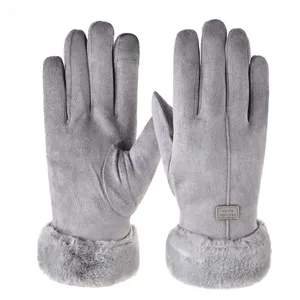 Women winter touchscreen gloves faux suede warm thermal gloves with plush cuff grey outdoor