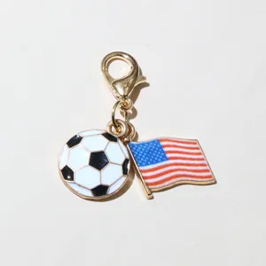Metal enamel soccer ball and USA flag charm pendant with lobster clasp for DIY crafts.