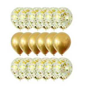 Lot de 12 pouces de ballons en latex à confettis dorés et métalliques pour décor de fête.