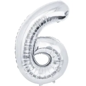 Ballon en aluminium argenté chiffre 6 gros plan, détail de décoration de fête métallique.
