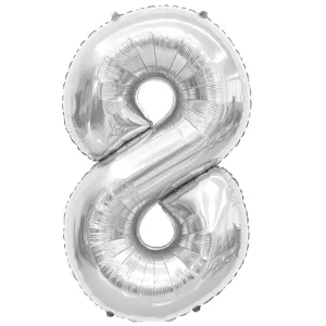 Vue rapprochée détaillée d'un ballon aluminium chiffre 8 argenté 32 pouces pour décor.