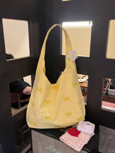 Yellow canvas shoulder bag with cute bow embroidery and white flower, large casual tote bag