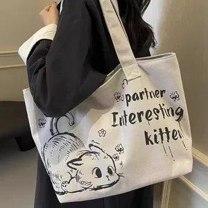 Casual large capacity canvas tote bag for women, fashion daily commuter shoulder bag detail view.