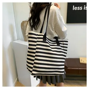 Black and white striped canvas tote bag for women commuter casual shoulder bag large capacity