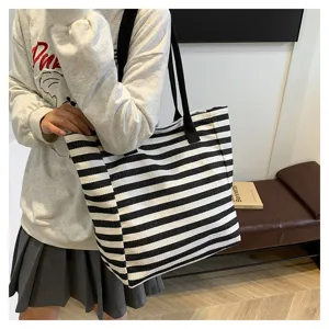 Black white striped canvas tote bag, large capacity casual shoulder bag for daily work commute.