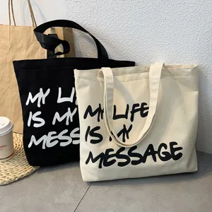 Canvas tote bag detail showing English letter print and durable fabric for daily casual use.