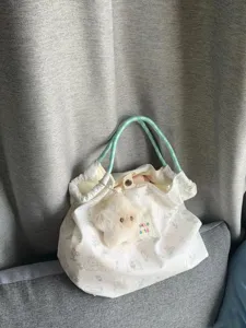 Cute printed canvas tote bag large capacity casual handbag with cute plush star pendant daily use